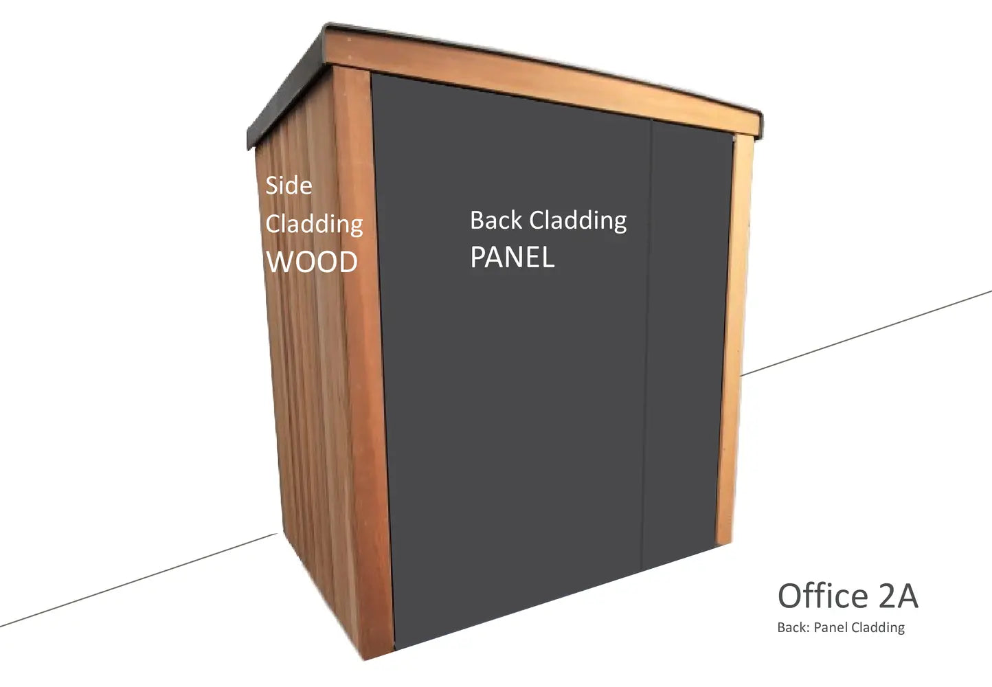 Garden Office 2A showing the back of the garden office pod with Western Red Cedar cladding at the on the sides and anthracite panel cladding at the back.